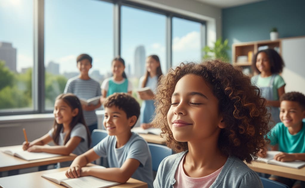Happy students in a bright, modern classroom with clean air